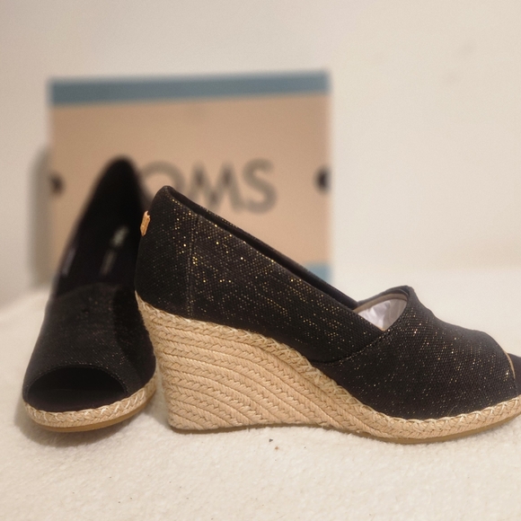 Toms Black and Gold Wedge Espadrilles - Picture 1 of 4